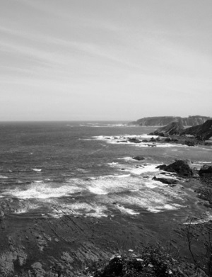 Imagen de varios acantilados  en segundo plano, y olas sobre roca en primer plano